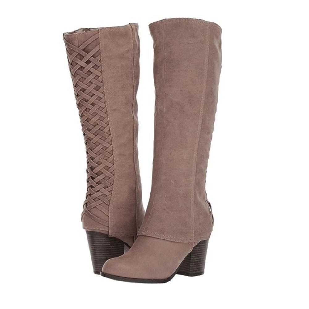 Fergie Taupe Suede Knee-High Heeled Boots with Woven Side